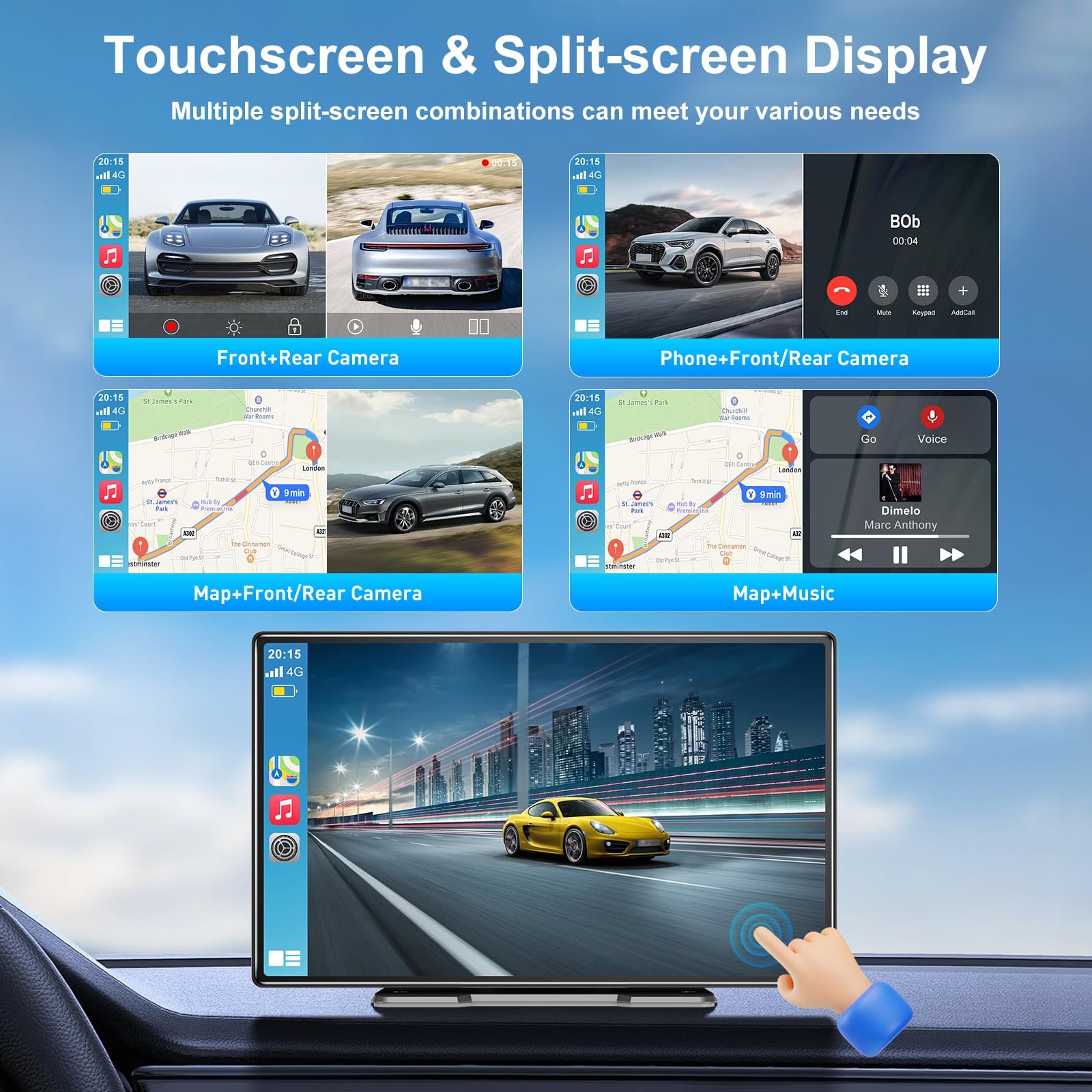 9'' Touch Carplay Screen for Car Portable Carplay & Android Auto Car Play Navigation with Mirror Link Siri FM BT Light Sensor